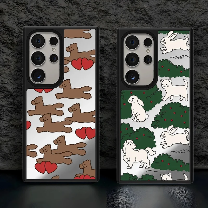 

White Rabbit Gray Cat Mirror Surface Magnetic Phone Cover for Samsung Galaxy S23 S24 S25 S26 Ultra S26+ Plus Cartoon Case