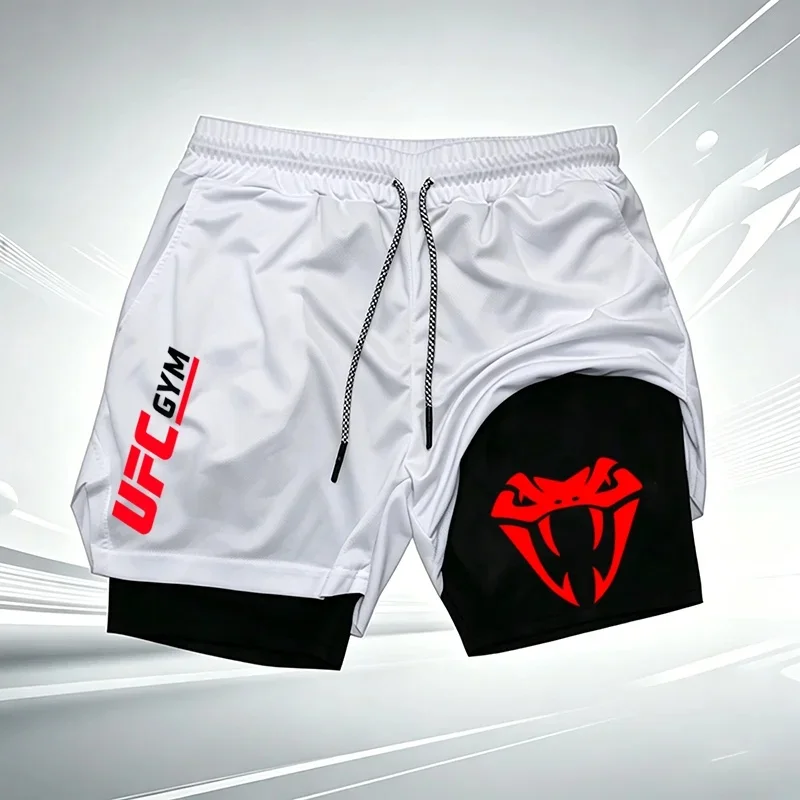 Men's Summer UFC GYM Print 2-in-1 Compression Liner Shorts Quick Dry Gym Training Workout Breathable Running Casual Shorts wx257