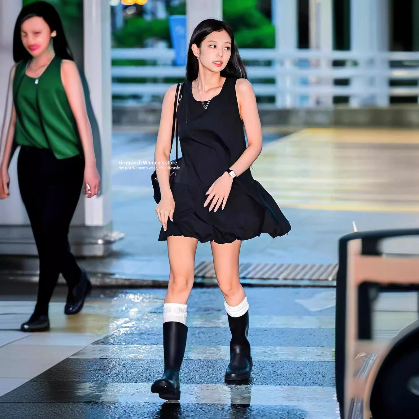 Firmranch 2024 Summer Jennie Outfit Black One Piece Dress Sleeveless Elegant Loose Bubble Mini Skirt For Women Cute Bud Dress