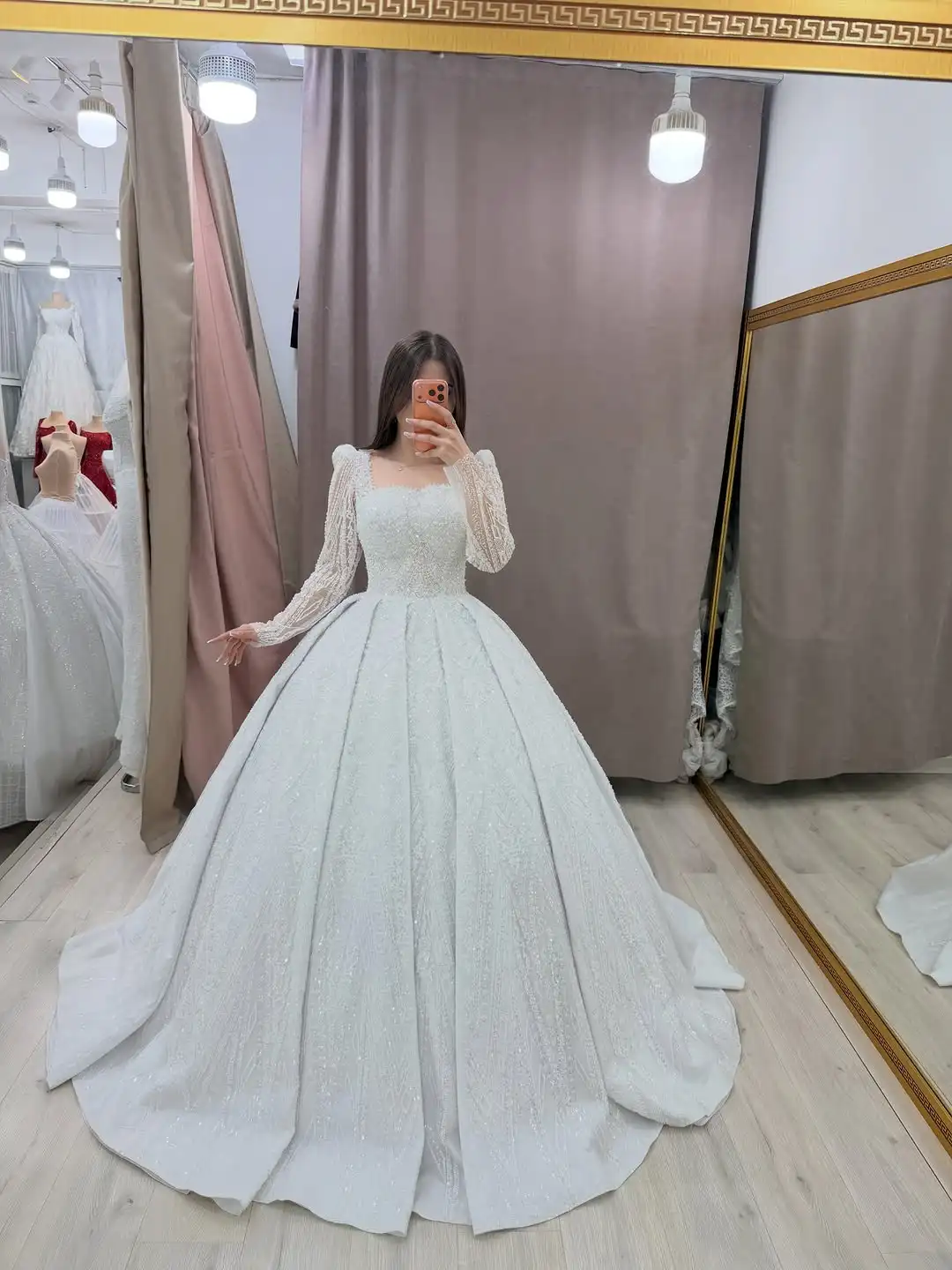 

Elegant Glitter Princess Wedding Dress Long Sleeve Ball Gown Luxury Sparkly Lace Bridal Dress For womanVestido De Novia