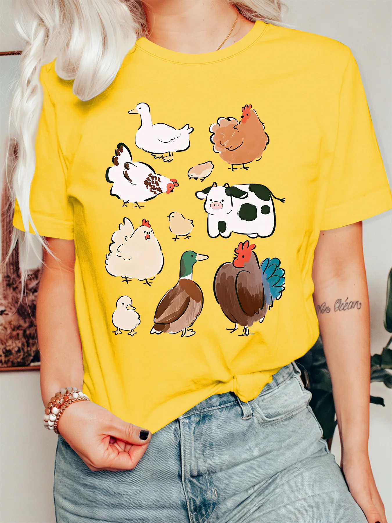 Cute Farm Animal Collection Womens Crew Neck Short Sleeve T Shirt Chicken Duck Cow Rustic Casual Graphic Tees For Ladies