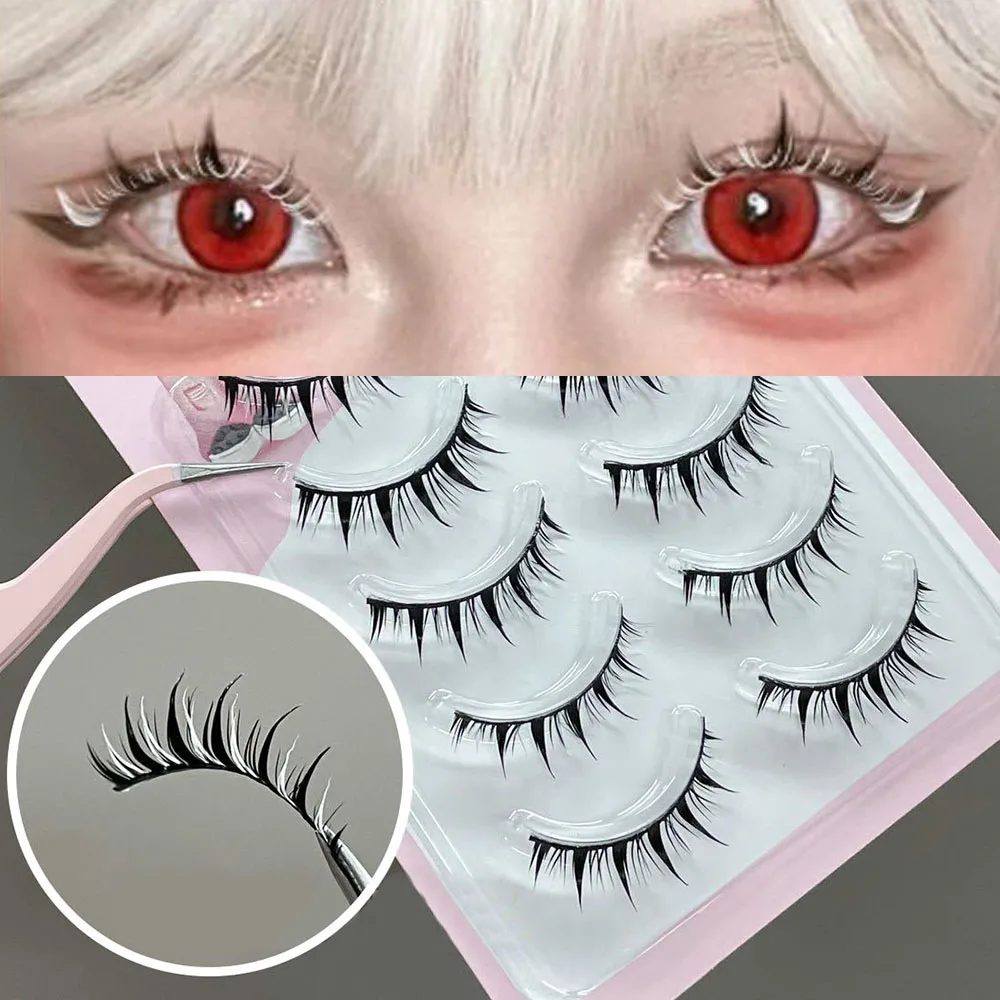 5 çift Siyah Beyaz Yanlış Eyelashes Manga Çapraz Bebek Kirpik Uzatma Lolita Cosplay Japon Peri Makyaj Tam Şerit Göz Lashes