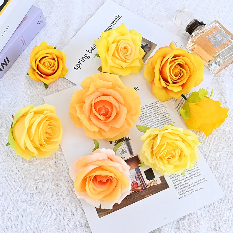 

30pcs Rose Head Artificial Flower Yellow Gold Orange Living Room Arch Decoration Wedding Valentine's Day Gift Box Matching