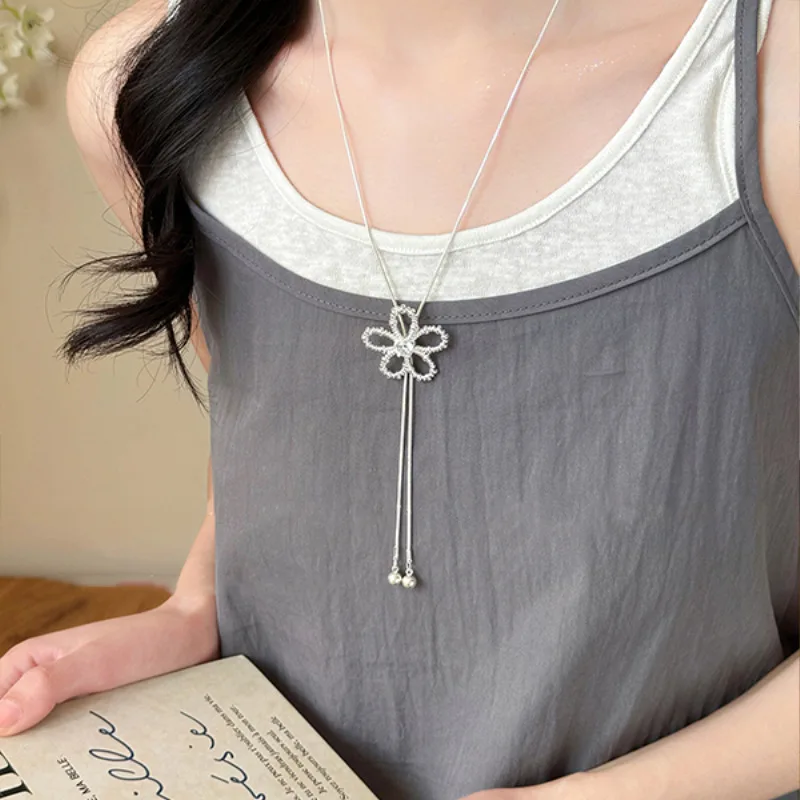 Necklace Silver Blossom Adjustable Drawstring Clasp Long Chain Premium Elegant Versatile Lightweight Jewelry for Her