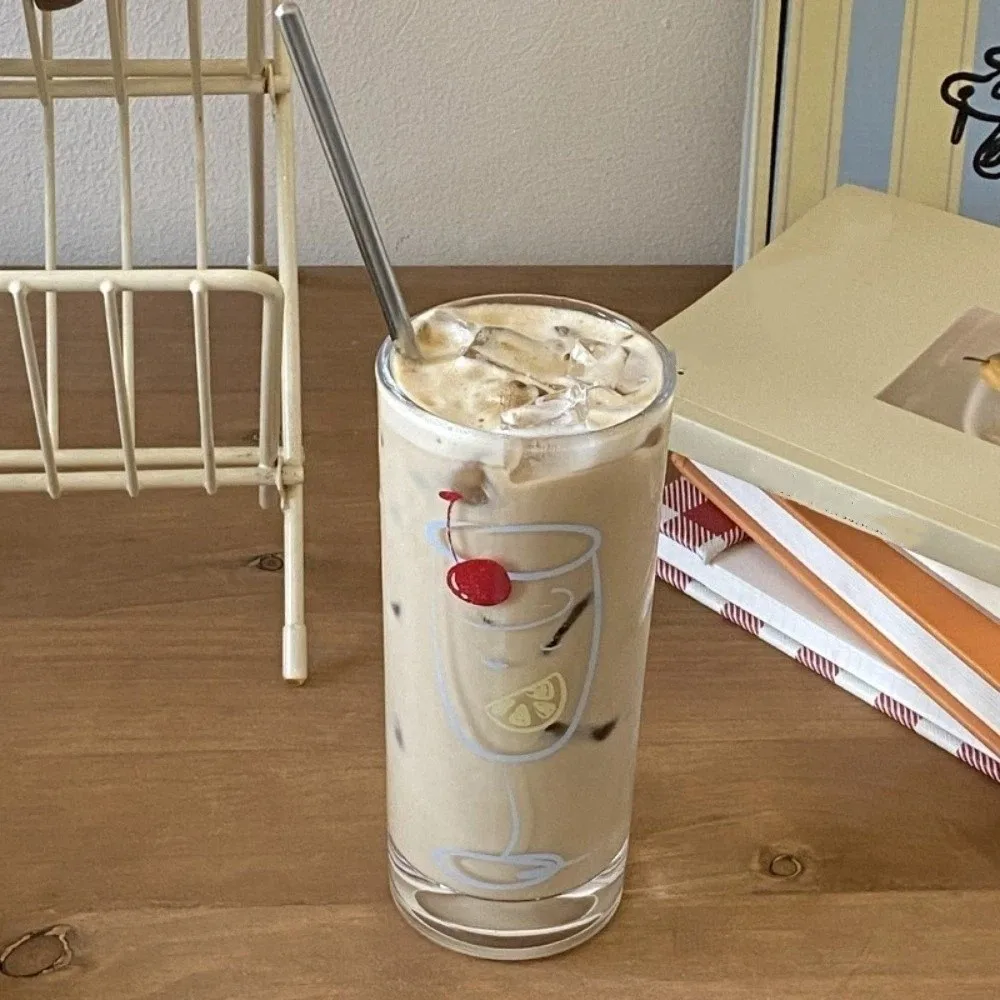 Drinkware Transparent Clear Glass Cup Cherry Star Iced Coffee Mug Ins Simple 300ML Juice Cup Kitchen