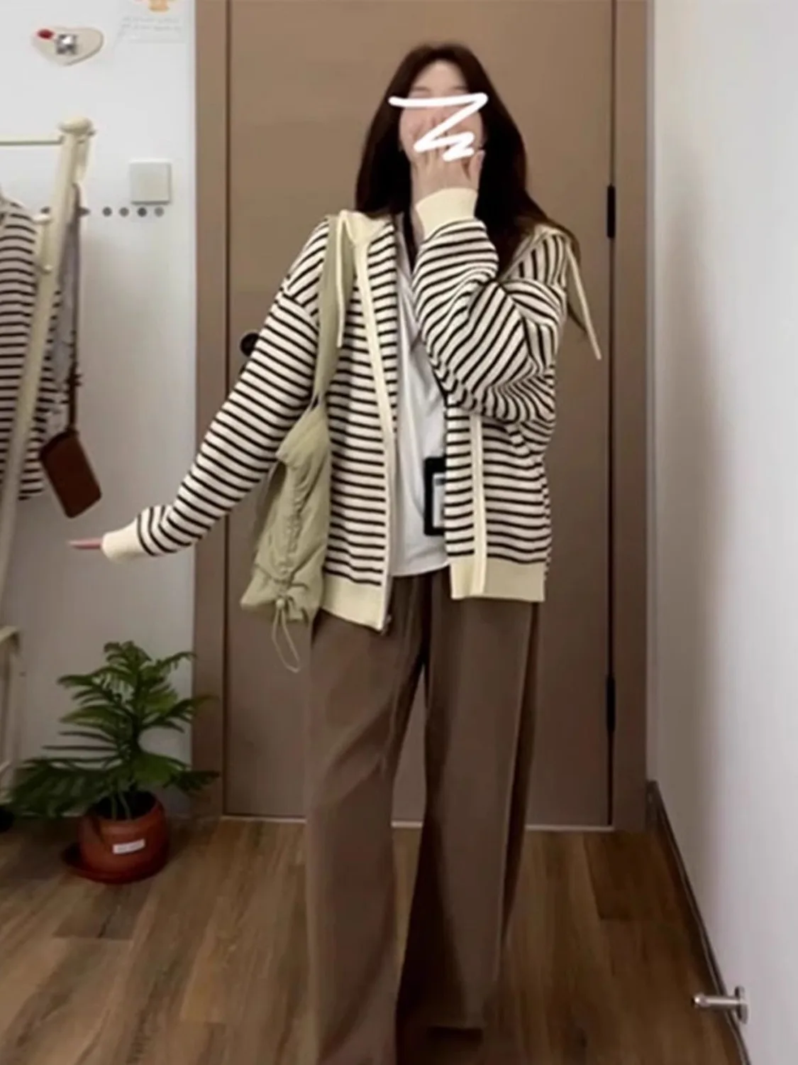 

Khaki Dstring Hooded Striped Knitted Open Cardigan Women's Loose Lazy Outerwear Autumn Korean Sle Long Sve Sweater