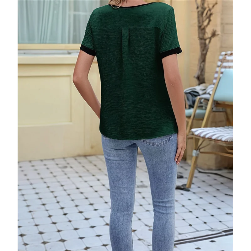 

【SEE】Women's Dressy Casual Blouses Business Casual Work Top Color Block V Neck Short Sleeve Shirts Summer 2025