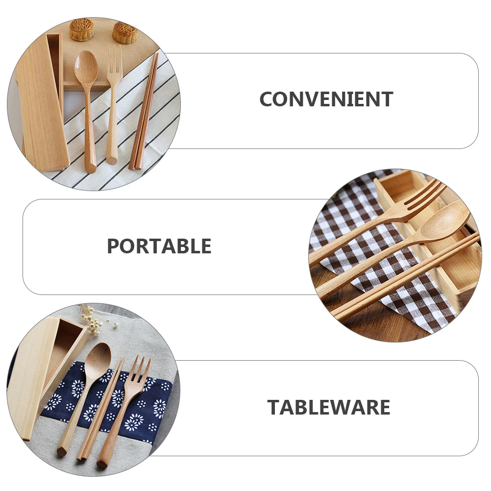 

Wooden Tableware Set Spoon 1 Fork 1 Chopsticks Portable Case Lightweight Travel Camping Picnic Japanese Style