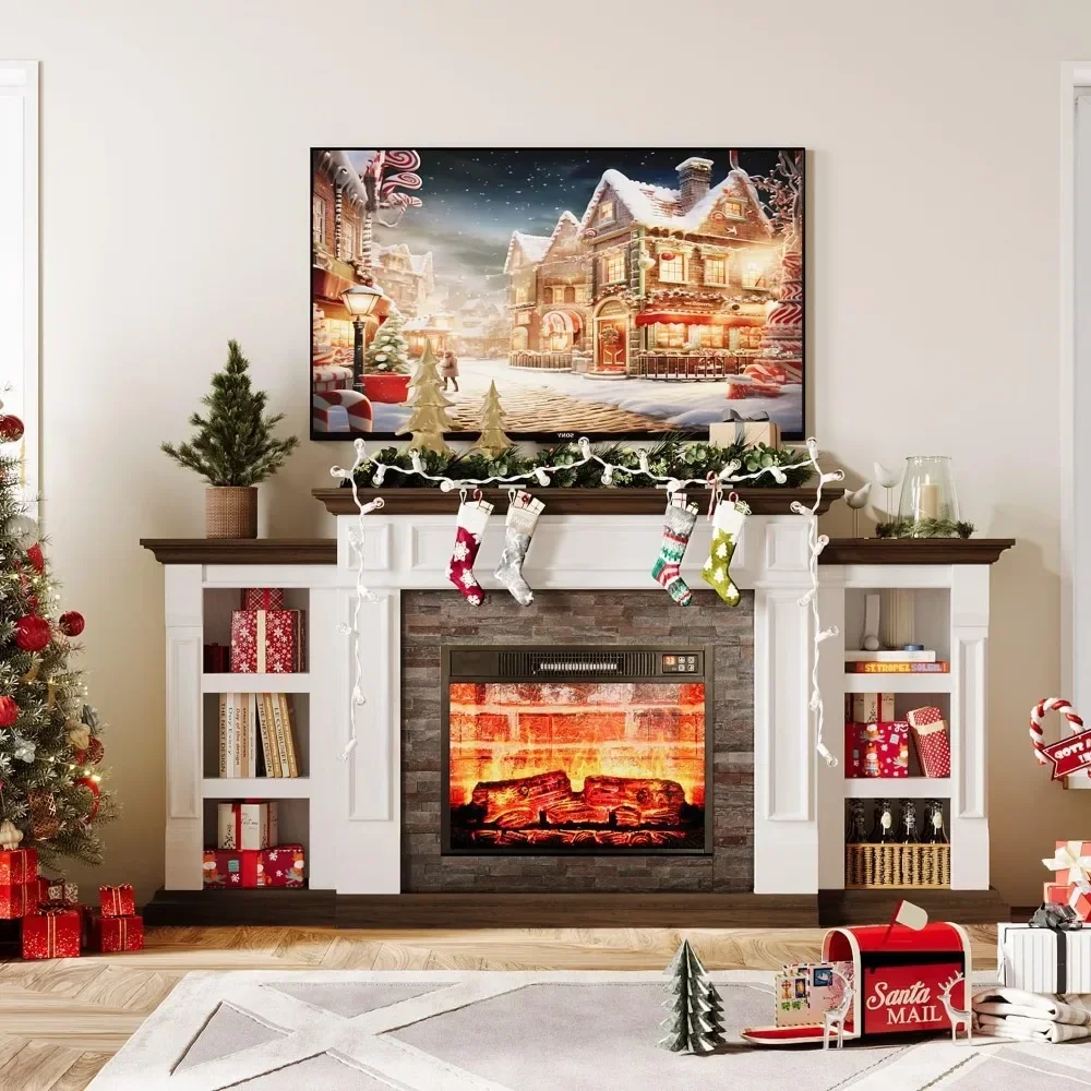 Fireplace TV Stand with Mantel and Cabinets TVs Stand Stacked Stone Surround and Remote Control 3D Realistic Flame TV Console