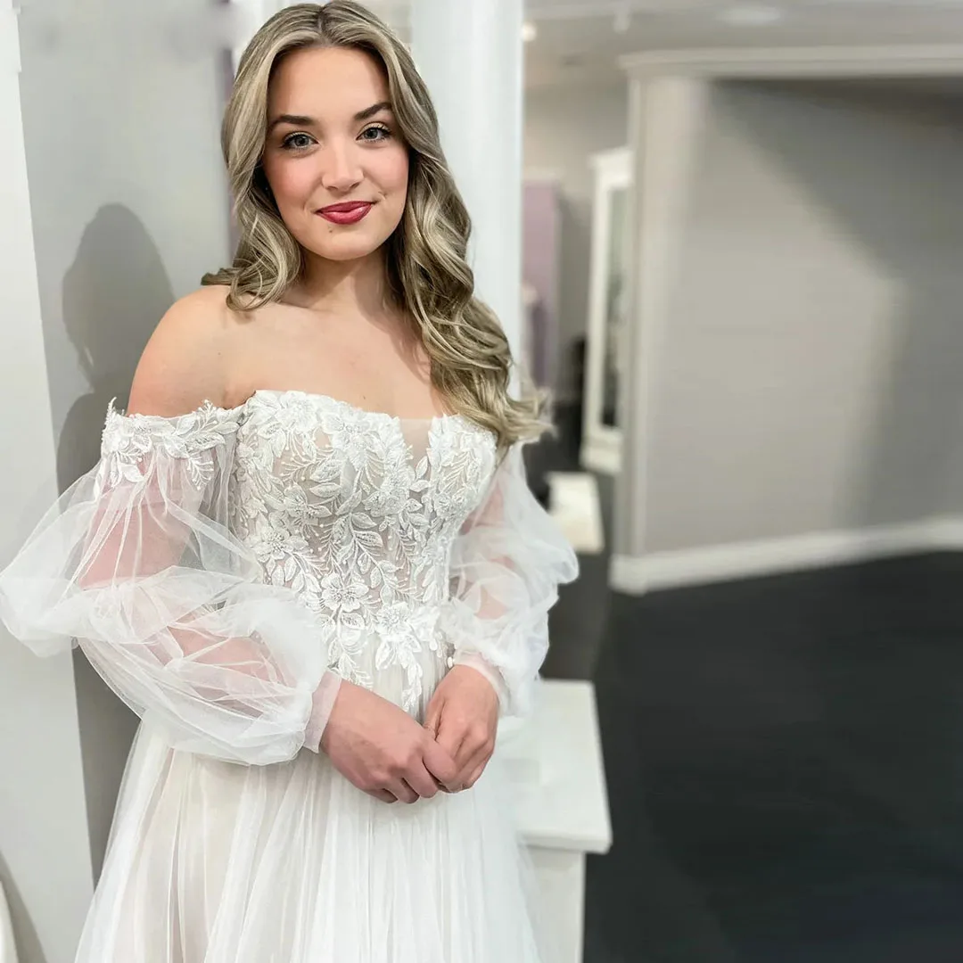 Robe de mariée bohème A-Line avec appliques en dentelle, robes de patients à manches longues, hors de l'initiative, robe de campagne de mariage