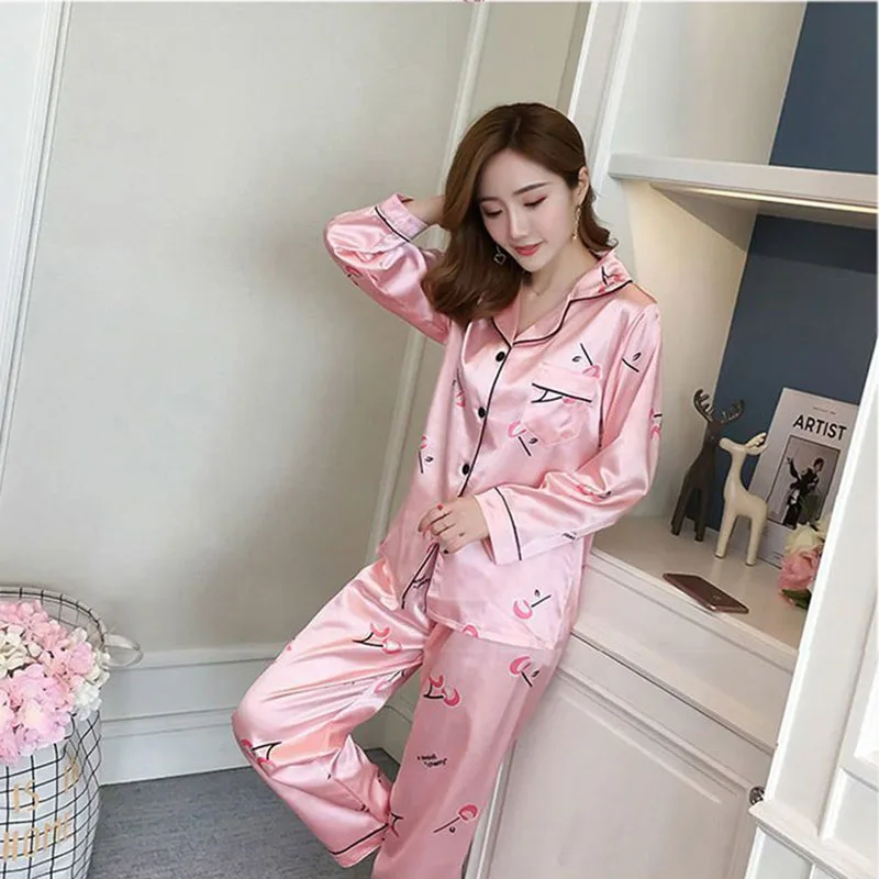 Pajama Women's Spring And Summer Ice Silk Longsleeved Trousers Korean Version Of Spring And Autumn Simulation Silk  Home Clothes