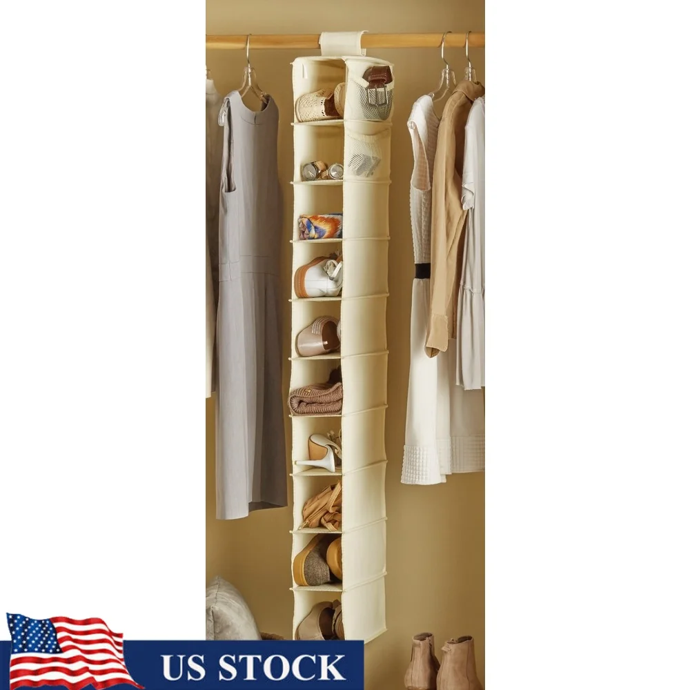 

10-Shelf Canvas Hanging Organizer Durable Storage Solution Shoes Belts Scarves Hats Foldable Easy Care Closet Organizer