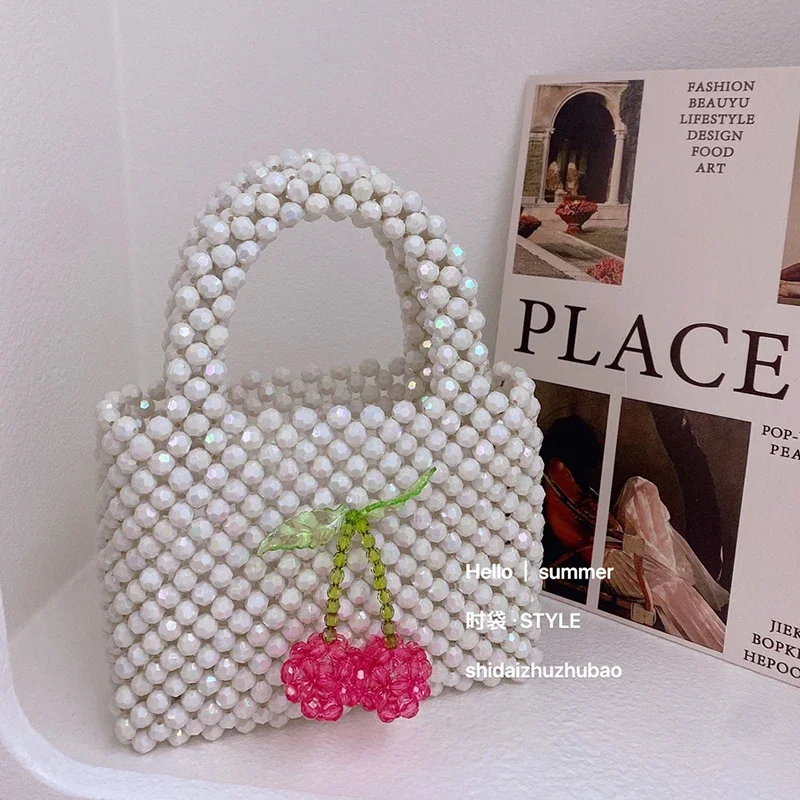 Handmade DIY Summer Cute Girl Fairy Daily Street Handbag New Woven Acrylic Bead Ins Cherry Bag 24 Custom Color Women's Bags