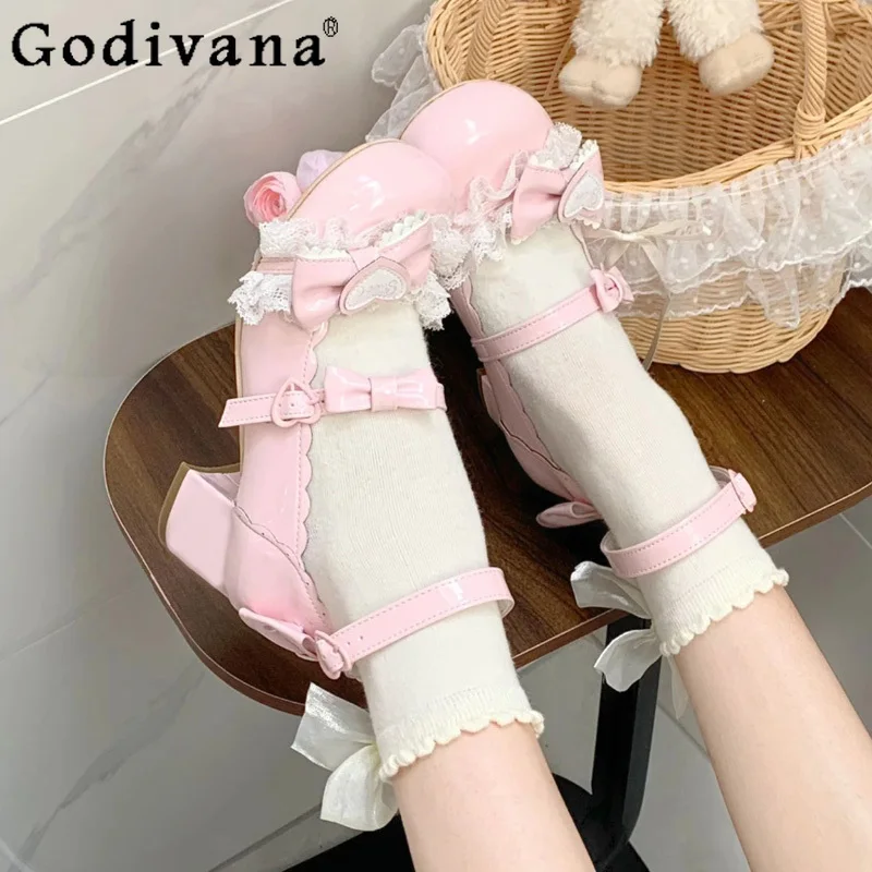 

Lace Lolita Mary Jane Mid Heel Shoes Pink Blue Sweet Cute Lolita Shoes for Women Summer Chunky Heel Lolita Leather Girls Shoes