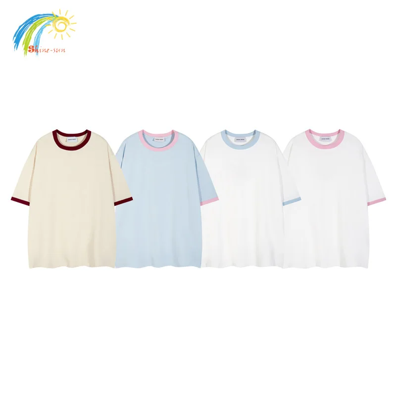 Color Blocked Threaded Collar Light Blue Apricot Short Sleeve T-Shirt Men Women Couple Casual Oversized T Shirt Tee Tops