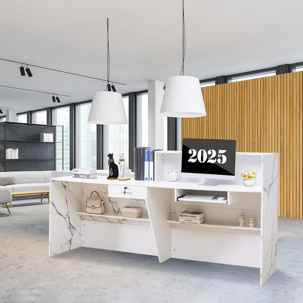 Mostrador de recepción moderno con cerradura y bandeja para teclado, estantes, blanco para oficinas corporativas y configuraciones profesionales