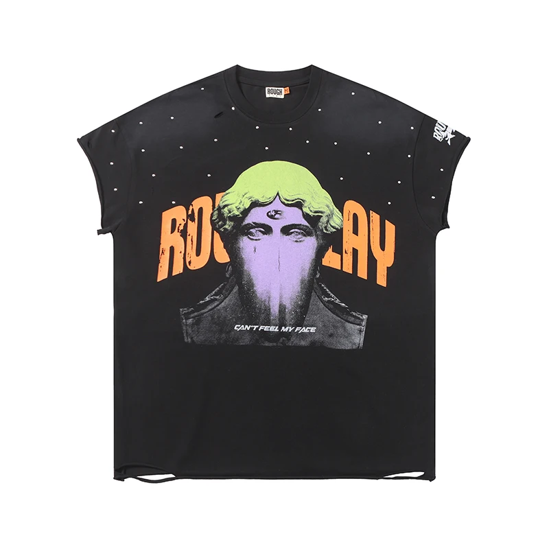 New Rough Play Men T Shirt Art Statue Portrait Graphic Rhinestone Cut Off Sleeveless Tee Destroyed Black Street Tank Top