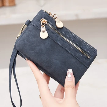 여성용 레트로 접이식 지퍼 지갑, 고품질 PU가죽, 휴대용 다기능 지갑, ID 카드 창, 손목 가방, 유행 