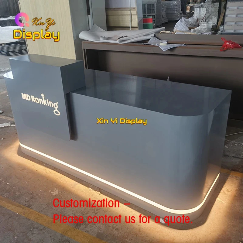 custom.Modern Minimalist LED MDF Reception Display Cabinet Curved Corner Heavy Duty Multifunctional Storage Front Counter Busine