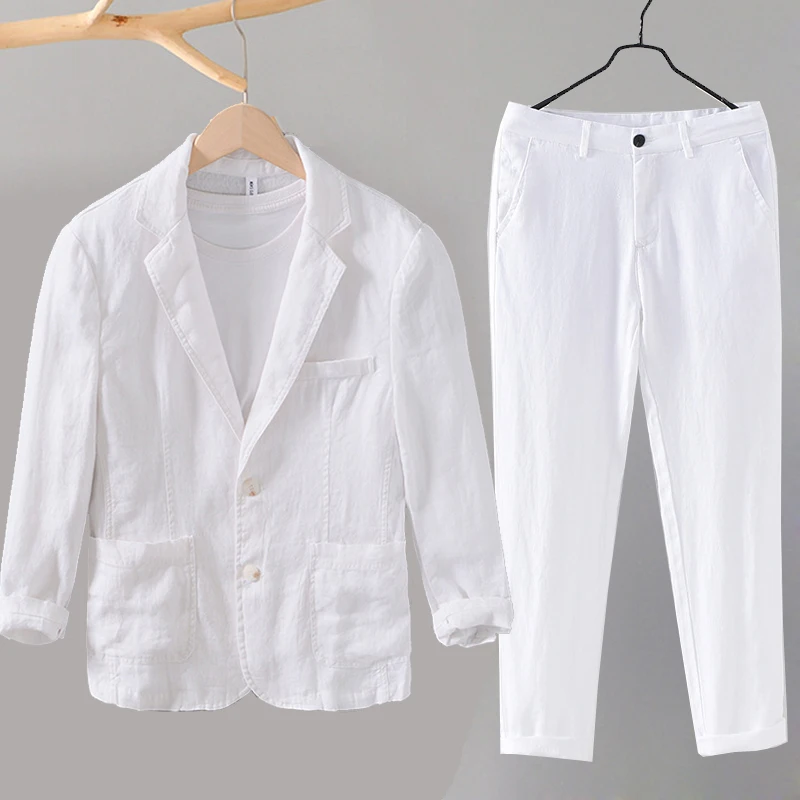 

White Linen Suit Men's Spring Summer Cotton Linen Casual Suit Jacket Man Thin 2 Piece Set Blazer Long Sleeve Pants Fashion 2023