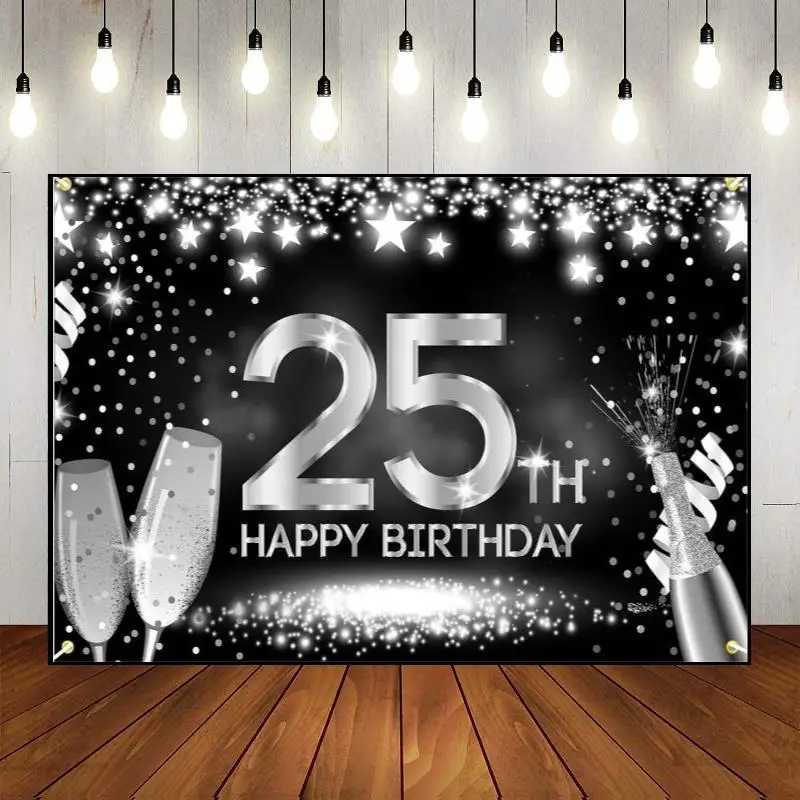 Custom Party Wall Banner Photo Photography Backdrop Background 25year Decoration Balloon Golden Happy 25th Birthday Man Woman