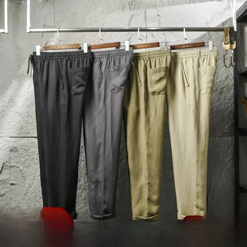 

Lightweight Linen Elastic Waist Men's Summer Casual Pants Drapey Glossy Straight Leg Pure Color Versatile Comfortable Faion...