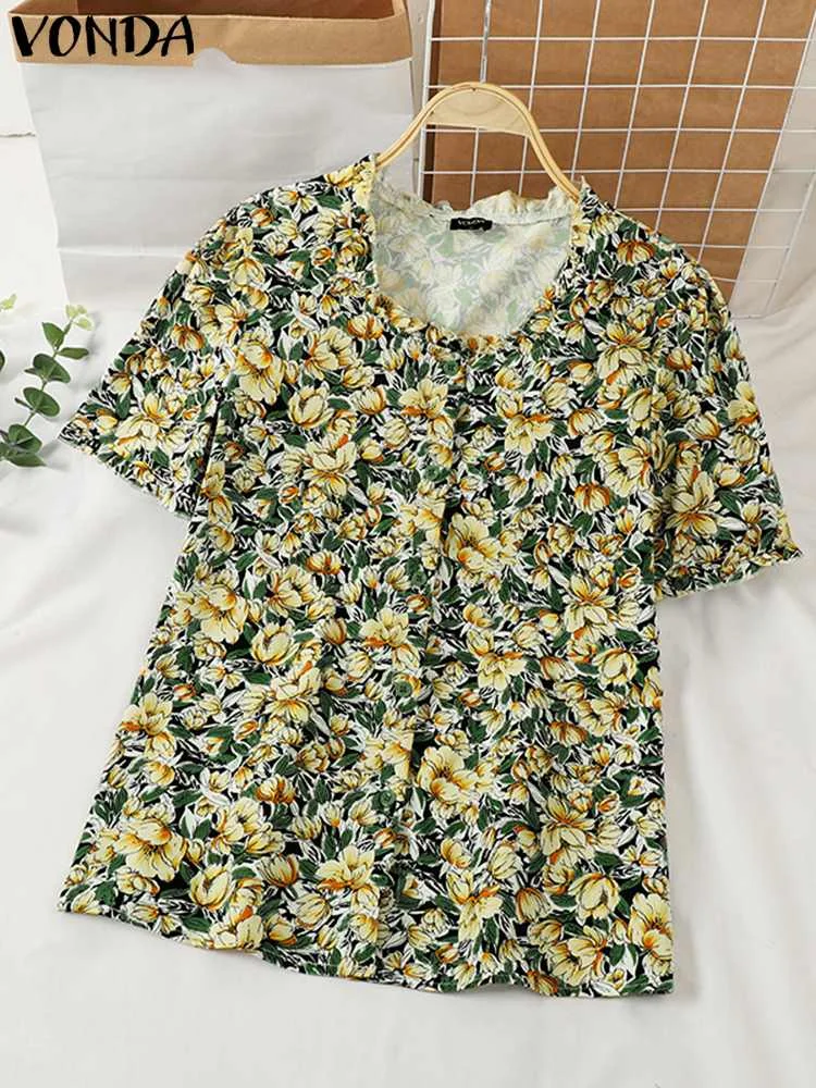 VONDA-Blusa floral estampada para mulheres, túnica boêmia, manga folhada sexy, camisas casuais extragrandes, tops de praia largas, verão, 2024