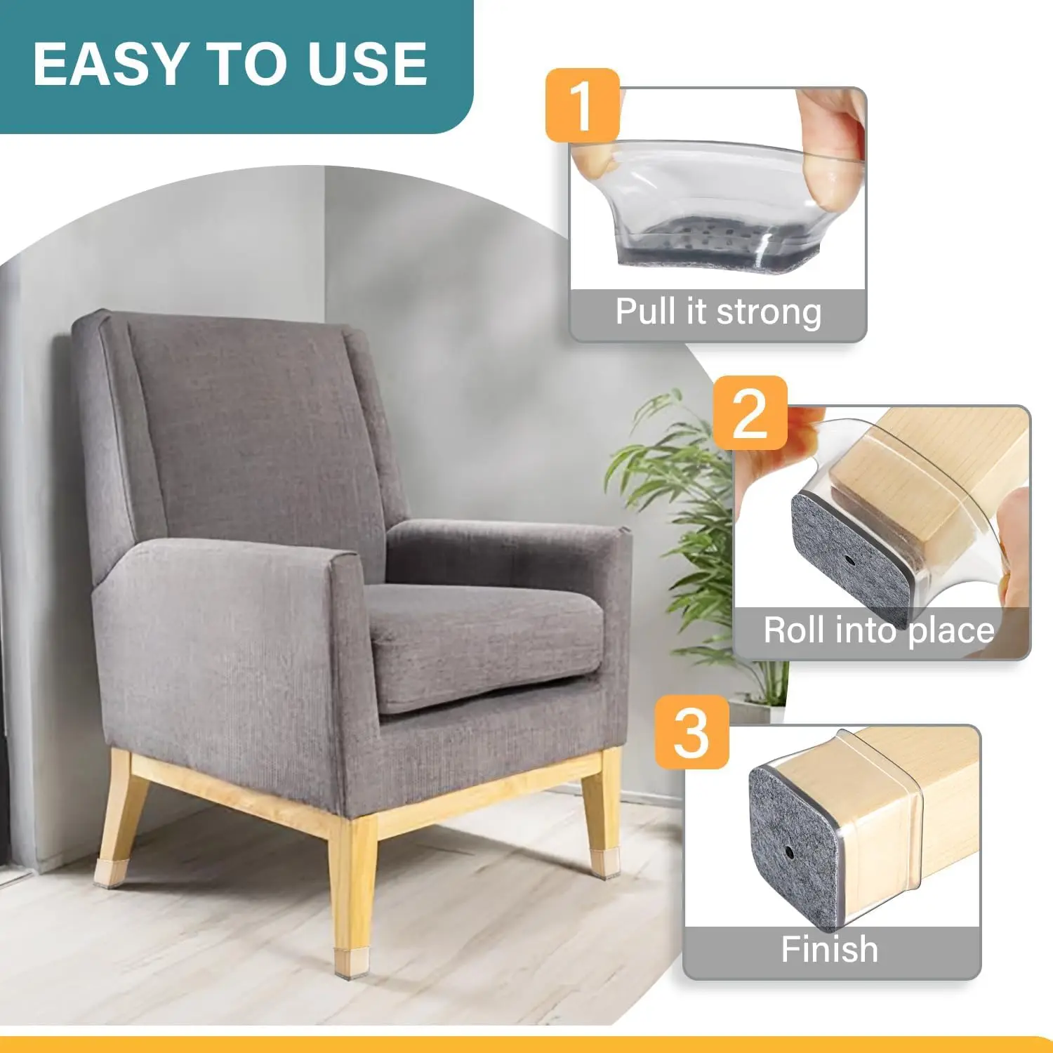 16Pcs Chair Leg Floor Protectors Square, Silicone Felt Furniture Leg Pads Caps Covers for Hardwood Floors