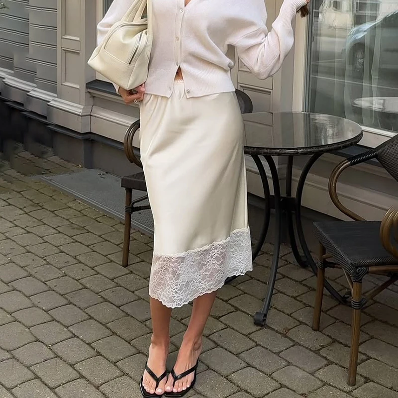 

Tornova Lace Splice Skirt Female Elegant Satin High Waist Long Skirt Office Lady Summer 2025 Fashion New Solid Women's Skirts