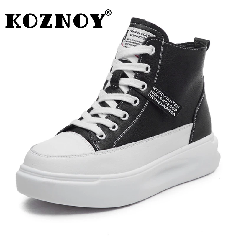 Koznoy Women Shoes High Top Platform Leather White Shoes Female Spring Leather Fashion Sneakers Women Winter Shoes Boots