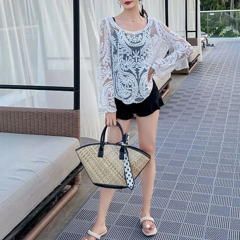 2023 New Summer Beach Style Open Back Pure Desire Strap Lace Hollow Jacquard Long Sleeve Cover Up Hot Spring Swimming Bikini