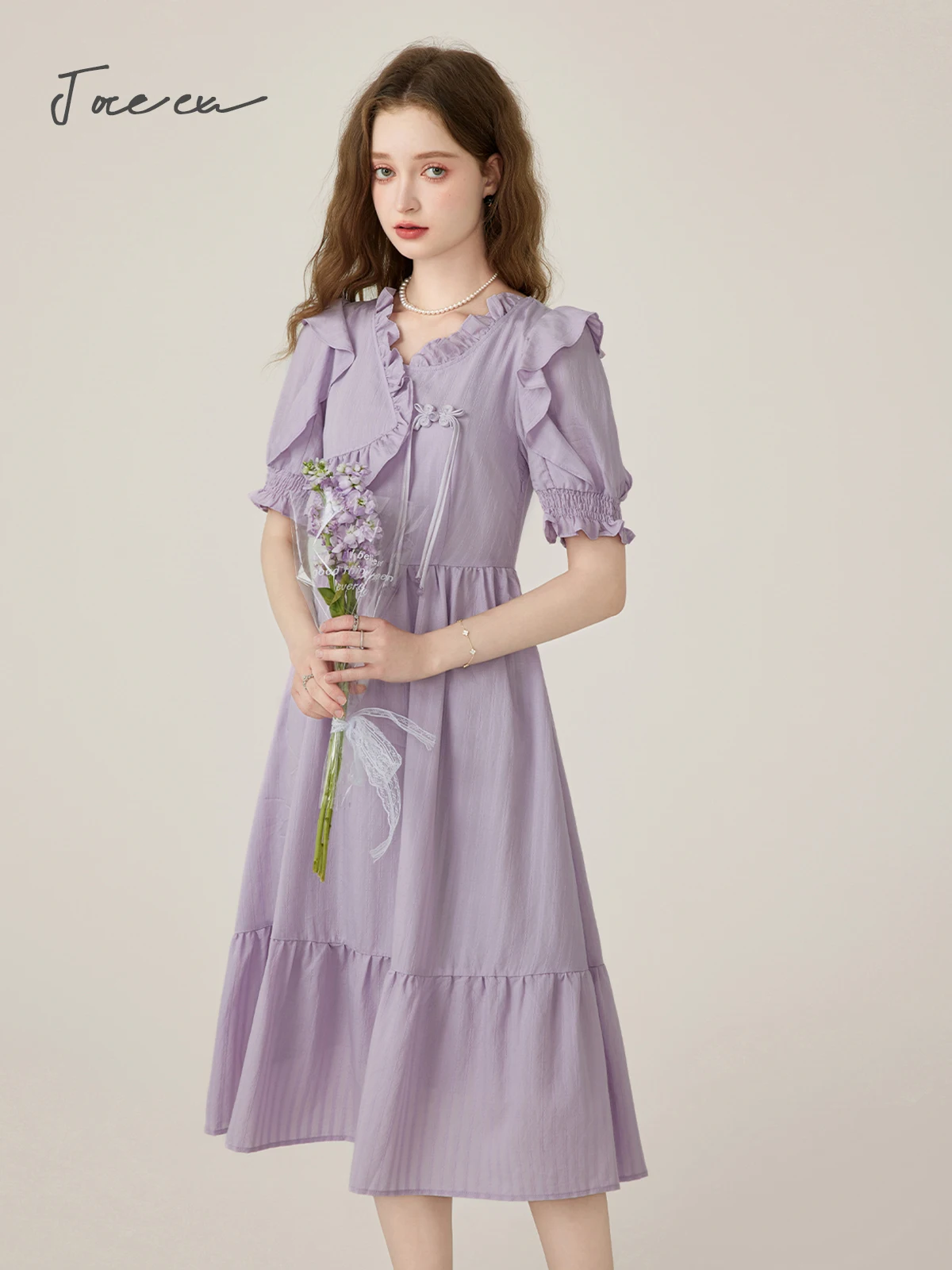 

JOREEU French Style Gentle Short Sleeve Dress for Women 2024 Summer Fashion Purple Elegant Midi Dresses Woman Clothes T01512