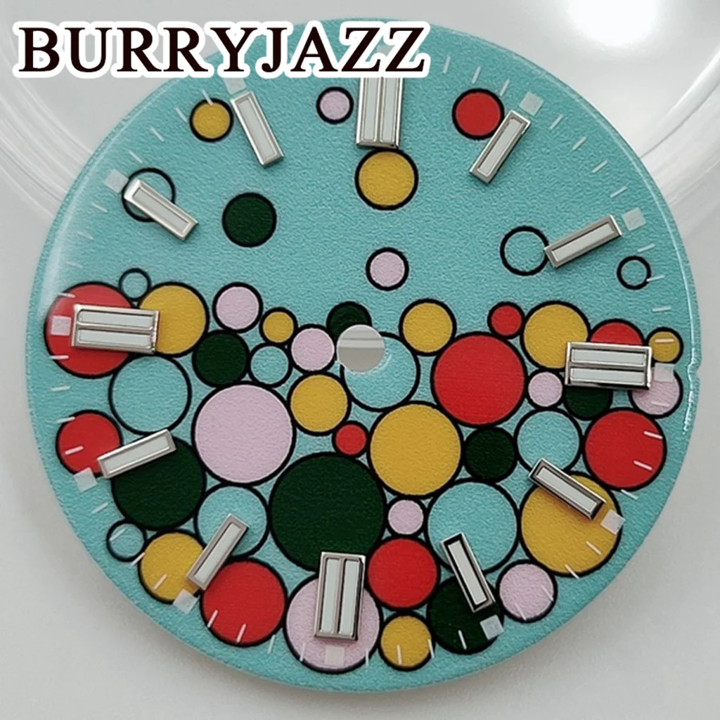 قرص ساعة من Burryjazz مضيء ، بدون شعار ، قرص أزرق وأخضر ووردي ، الساعة 3: 00 ، علبة ساعة التاج ، ، من من نوع NH35 4R35 NH34 #3