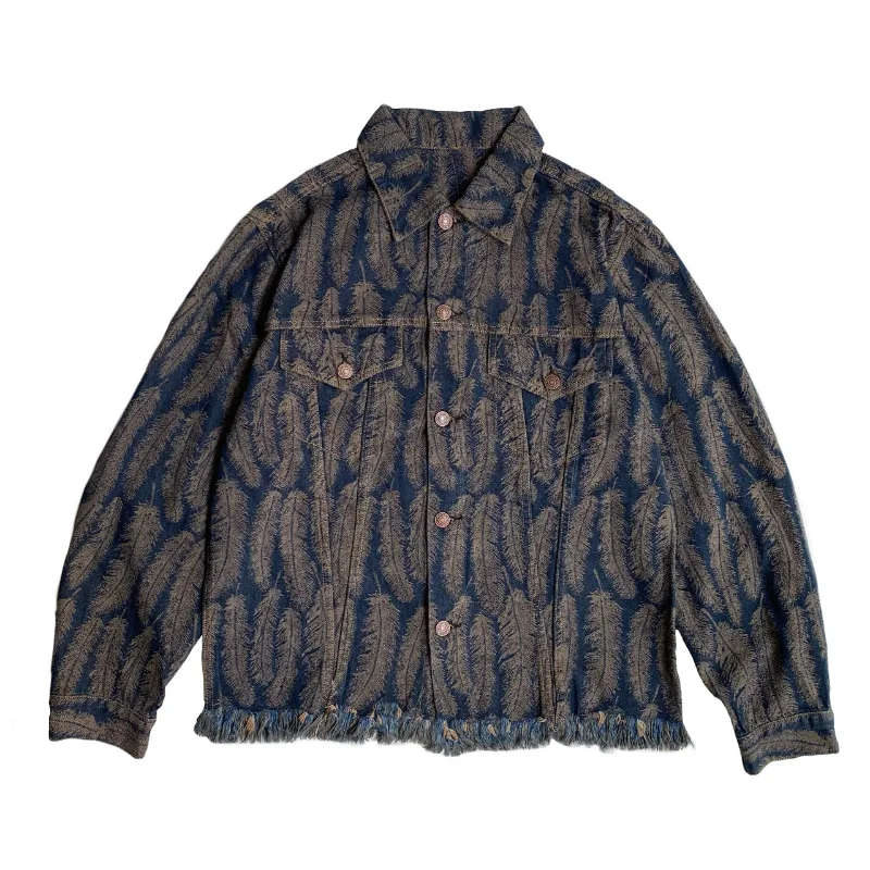 

2023ss Fashion Feather Jacquard Cloth Vintage Cropped Jacket Warm Men's Clothing Casual Denim Coat Streetwear Clothes Techwear