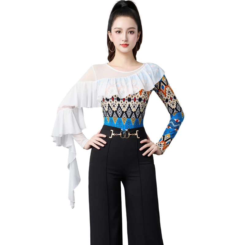 Neue Frauen Kleidung Drucken Mesh Rüschen Overall Latin Dance Top Nationalen Standard Chacha Rumba Tango Modern Dance Kostüme DQL12404