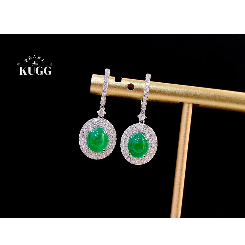 

KUGG 100% 18K White Gold Earrings Women Eegant Style Shiny Diamond Natural Emerald Hoop Earrings High Gemstone Jewelry