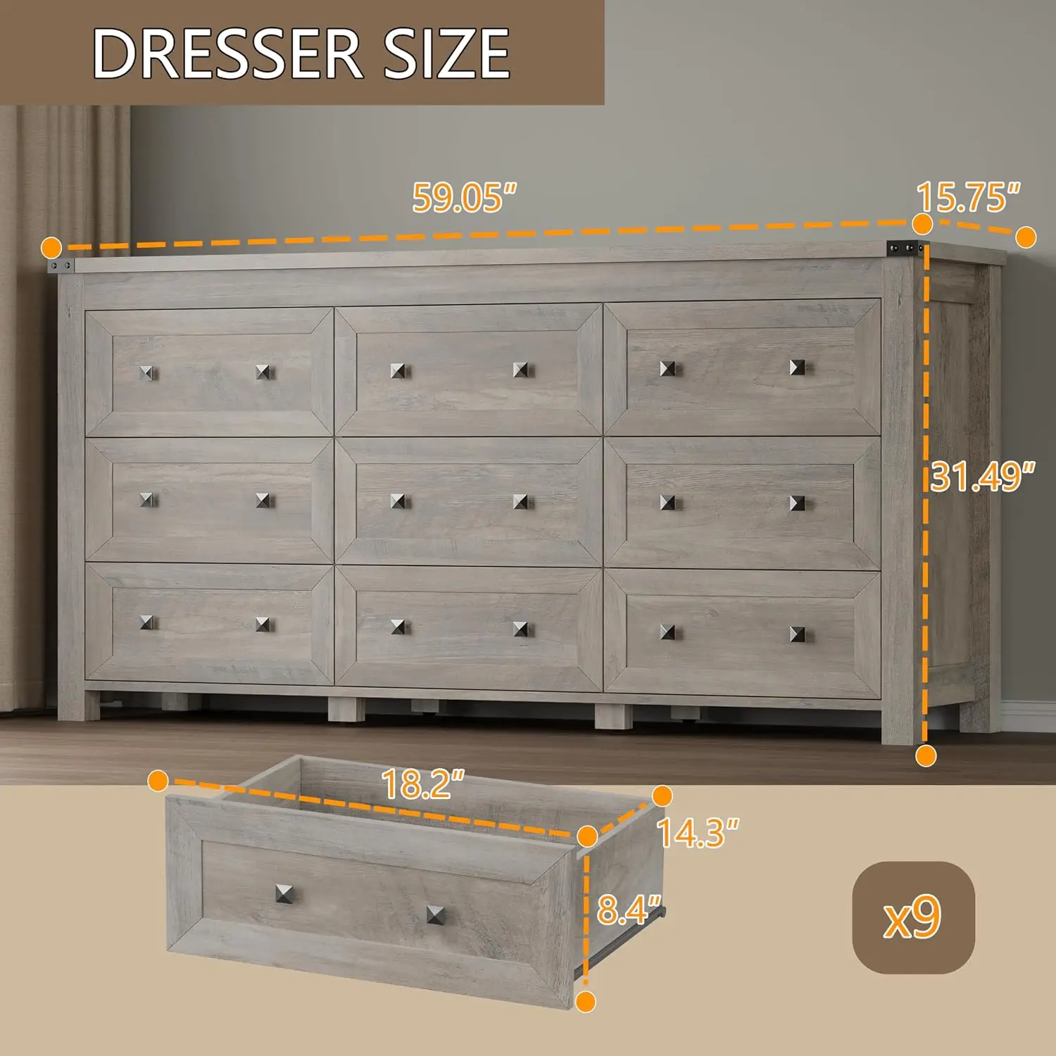9-Drawer Wooden Dresser Storage Chest with Metal Handles for Bedroom Living Room Hallway, Customized