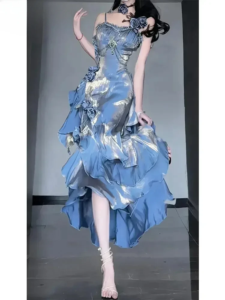 

Japanese Blue Flower Decorated Slim Long Dress Lolita Sweet Girls Suspender Irregular Solid Color Fishtail Maxi Dresses 2025