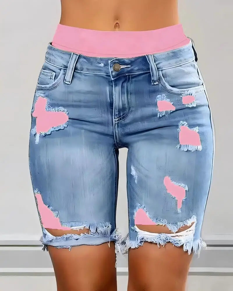 Fake 2 Piece Denim Shorts Women Summer Sexy Ripped Jeans Colorblock Letter Print Short Jeans Ripped Ripped Denim Shorts