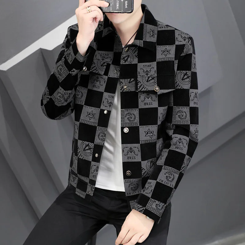 Spring Autumn Men's Lapel New Corduroy Jacket check pattern Fit Coat Streetwear Men Fashion Color Block Jacket