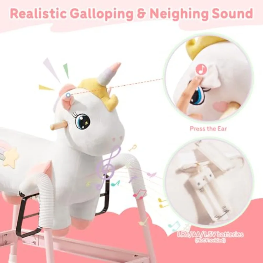 Caballo mecedora de primavera de unicornio para niños de 3 a 8 años, paseo de hada arcoíris con resorte cubierto y marco resistente, vicina y galop