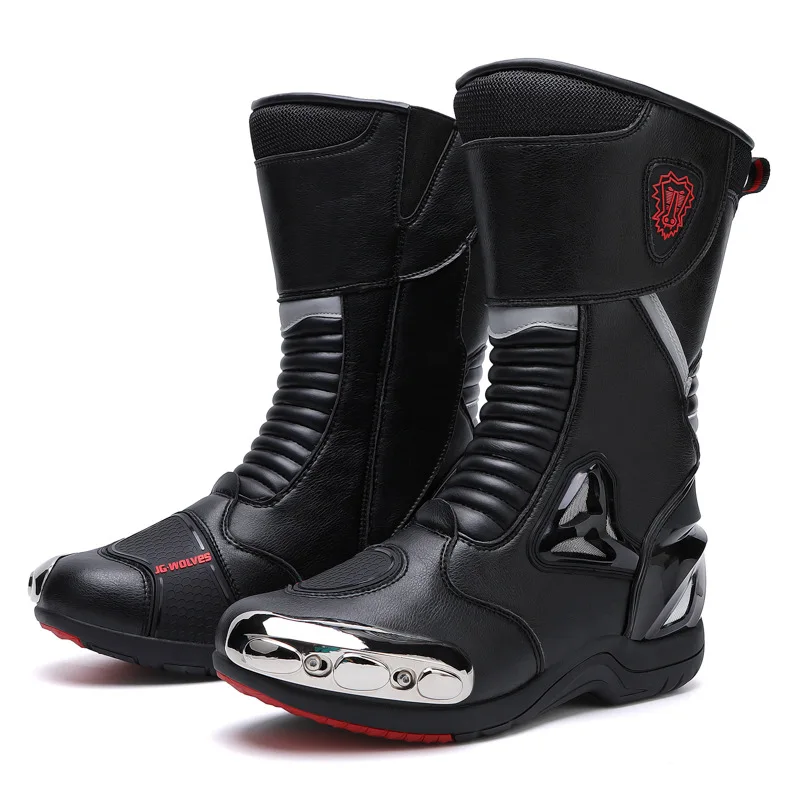 JG-Wolf Leather Breathable Motocross Boots Men's Motorcyclist Boots Reflective Motorcycle Shoes Black Racing Shoes Anti-slip