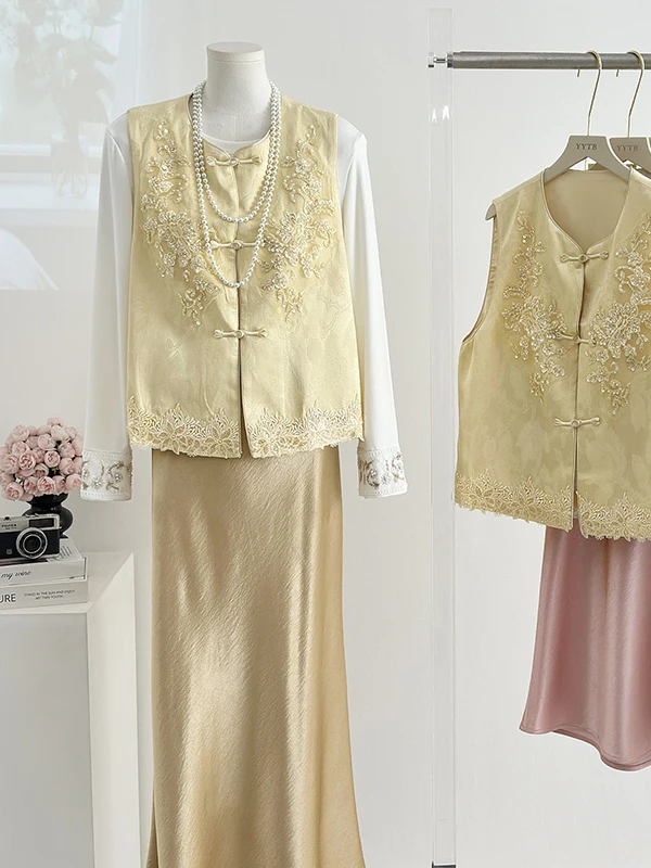 

New Chinese Sle Women's Faion Set round Ne Embroidery Jaet f Skirt Base irt Tee-Piece Set Spring Inner Wear