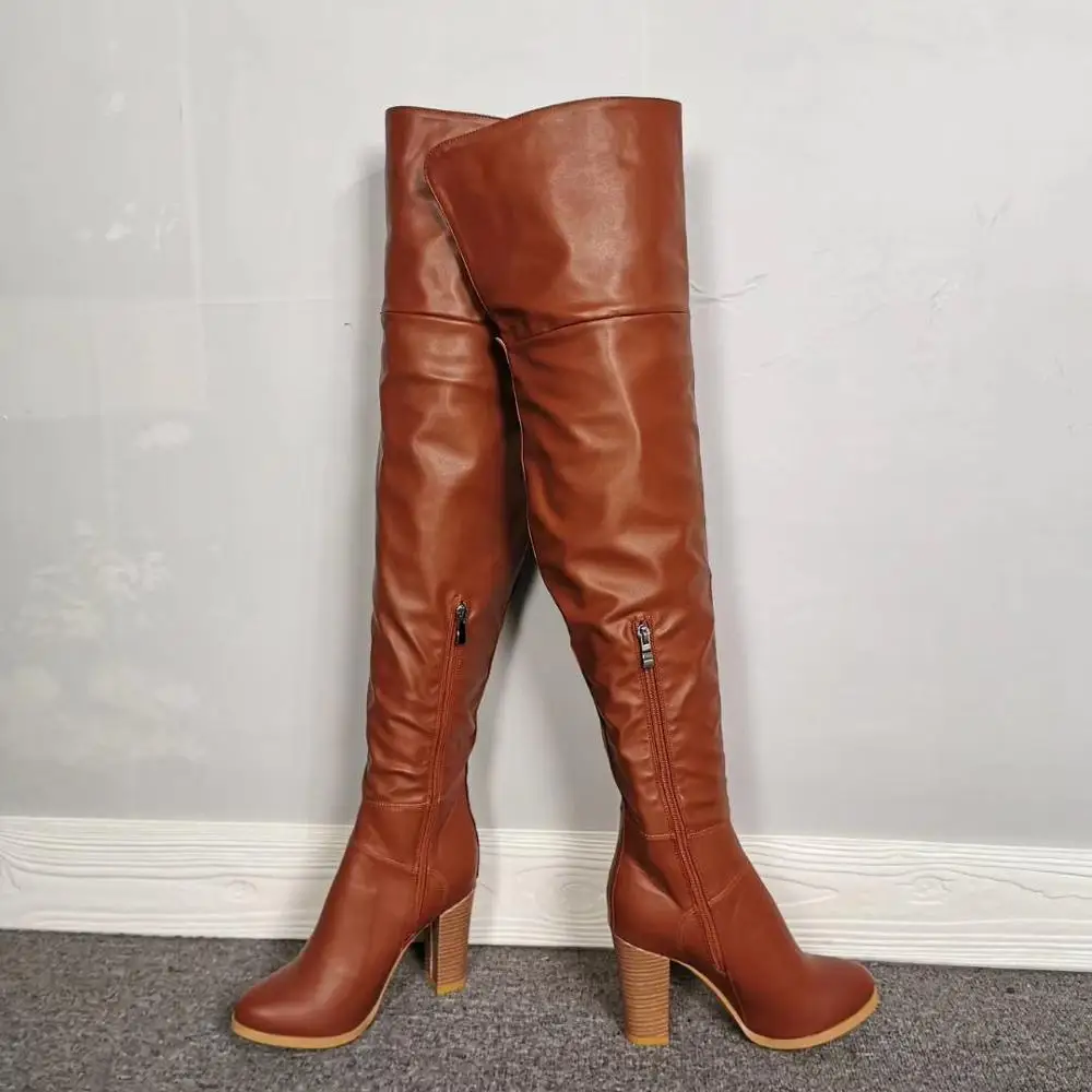 Olomm Handmade Women Over The Knee Boots Square High Heel Boots Nice Round Toe Pretty Brown Casual Shoes Women Plus US Size 5-15