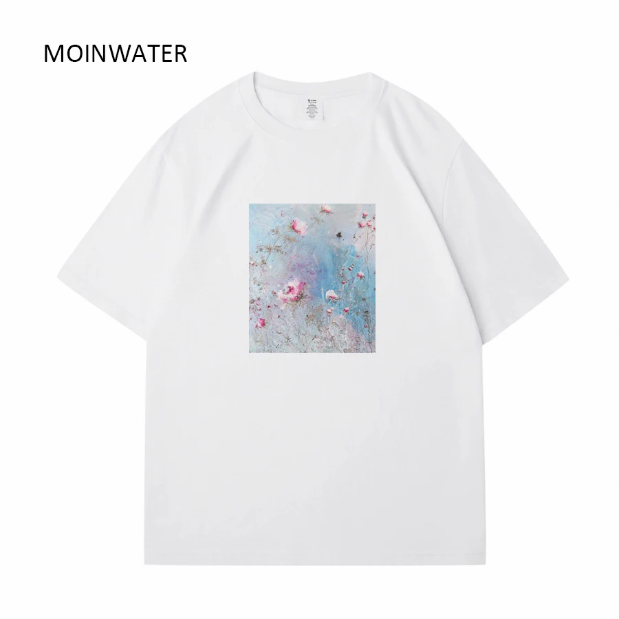 MOINWATER New Flower Printed T shirts for Women Purple Female Pure Cotton Summer Tees Lady Streetwear Short Sleeve Tops MT2311