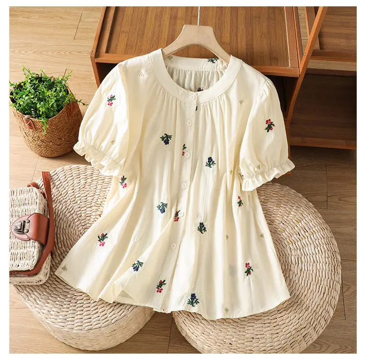 Harajuku Vintage Cream Beige Floral Embroidered Blouse Puff Sleeve Button Casual Summer Shirt Countryside Garden Mori Girl Tops
