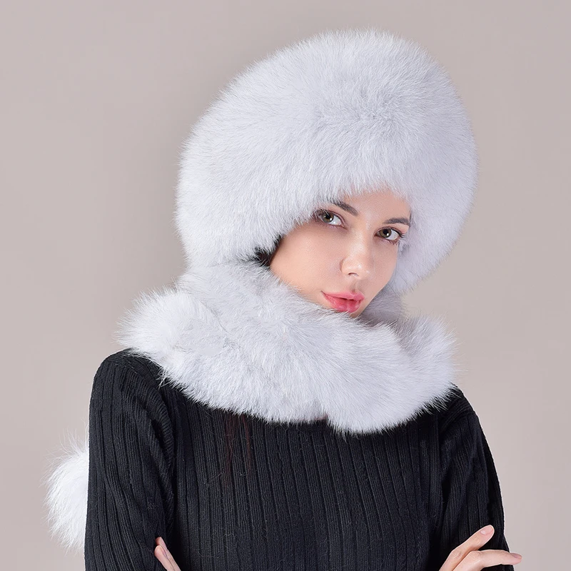 Women\'s Real Fox Fur Hat Scarf Mongolian Bomber Hat Ladies Winter Warm Fox Fur Earflap Caps Russia Winter Real Fur Hat