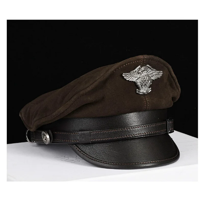 2023 Retro German Military Caps For Men Male Genuine Leather Flat Top Hats European American Captain Locomotive Chapeau