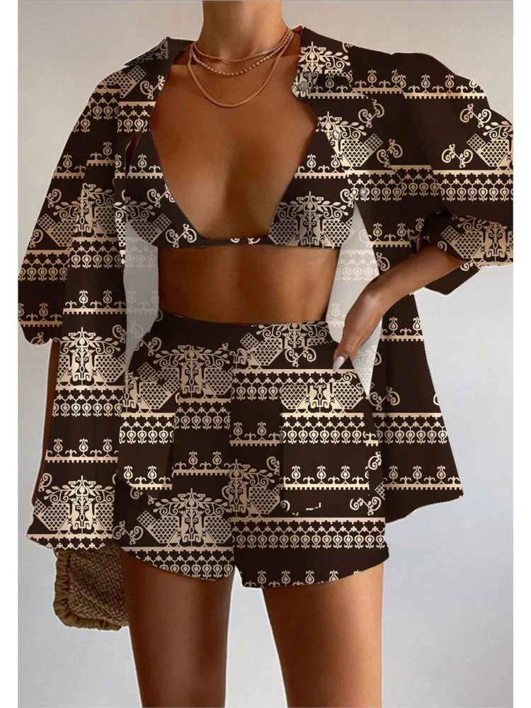 Sexy Short Sets Fashion Print Women Three Piece Loose Short Sleeved Shirt With Shorts Suit 2023 Summer Casual Streetwear Outfits