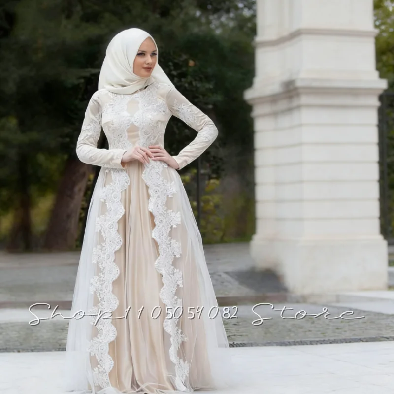 Exquisite Lace Muslim Bridal Dresses High Neck Long Sleeve Arab Ladies Pleated And Floor Length Wedding Dresses Customized